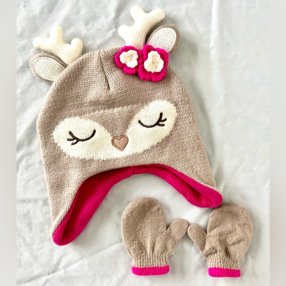 Koala Kids 18-24M Winter Hat & Mittens Set – Tan Reindeer/Deer Knit Fleece Lined